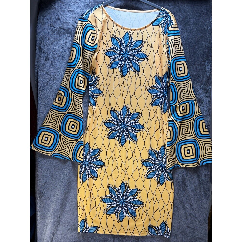 African Print Floral Bell-Sleeve Bodycon Mini Dress Med Yellow Blue